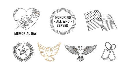 Memorial Day Symbols Heart Rose Eagle Flag Laurel Star Dog Tags Icons