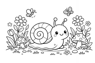 Cute Cartoon Snail with Mushrooms and Flowers Coloring Page