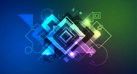Abstract geometric shapes with vibrant glowing lights and bokeh effects.