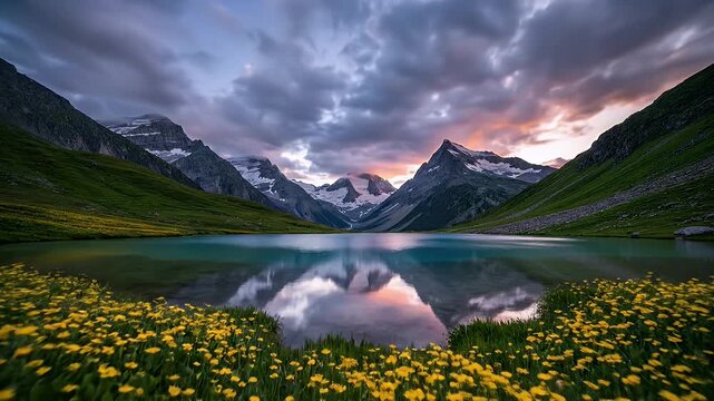Vibrant Alpine Meadow in Bloom with Snowy Peaks, Winding Path, and Distant Figure