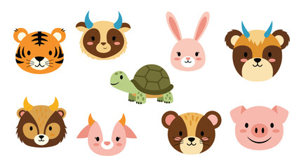 Fototapeta premium Set of cute cartoon animal faces including a tiger, cow, rabbit, bear, turtle, pig, and sheep for children educational designs.