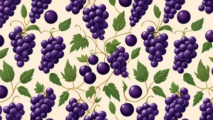 Naklejka premium Top-down view of a decorative seamless pattern featuring purple grape bunches and green vine leaves on a light cream background under soft even lighting