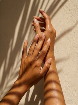 Hands with shadows against a wall in a bright space during daytime