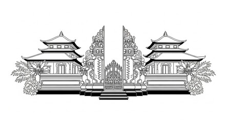 Detailed Black and White Illustration of a Balinese Temple Gate. © Abu Yazid
