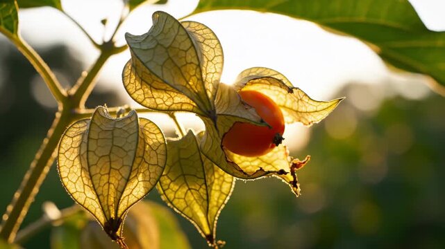 A close-up, backlit physalis fruit with a vibrant orange berry visible through its translucent papery husk, glowing golden in a sunny garden.