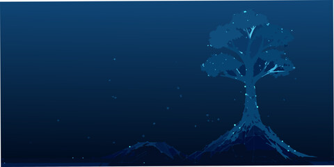 A lone tree silhouette stands against a dark starry night sky © Rina