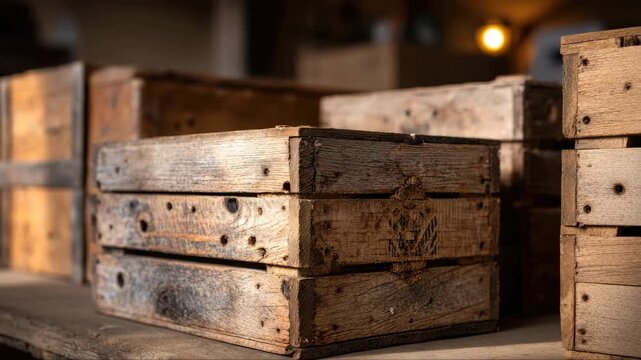 Wooden crates stacked on a rustic table in a dimly lit workshop, showcasing their weathered texture and unique design in a cozy, industrial setting
