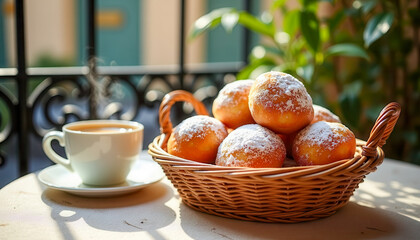 Fototapeta premium Wicker basket filled with sweet powdered pastries next to a white coffee cup on a sunny balcony table, cozy morning breakfast, relaxing cafe lifestyle.