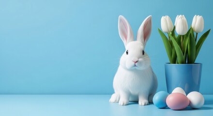 Obraz premium Cute white easter bunny with tulips and painted eggs on blue background