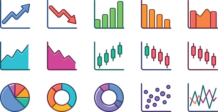 Business analytics and financial chart line icon set featuring stock market graphs, candlestick trading charts, pie statistics and data visualization vector icons