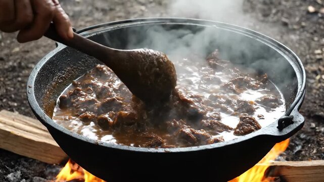 Cinematic close-up of an aged hand stirring dark, simmering rendang in a heavy iron pot over a warm, flickering wood fire outdoors.