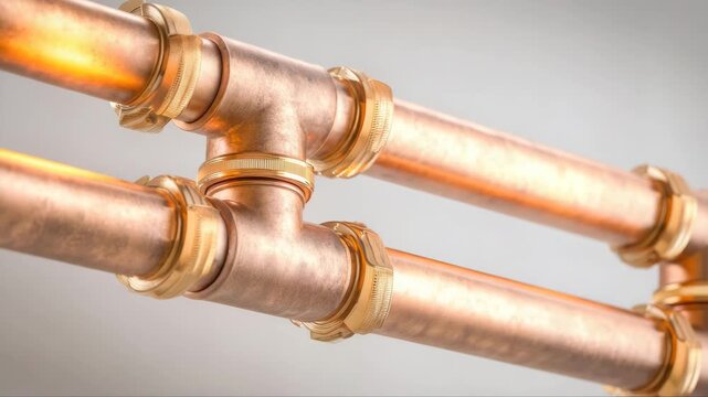 Copper plumbing pipes with brass fittings connected at a joint, showcasing the seamless transition of materials and craftsmanship in a well-lit indoor setting