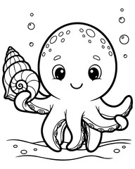 Obraz premium Cute octopus cartoon line art illustration with seashell underwater animal coloring page style simple black and white marine character for kids