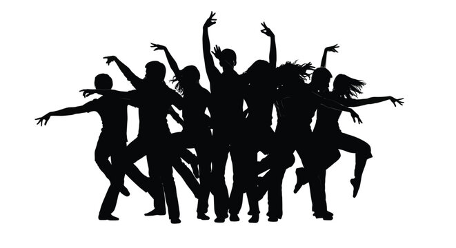 Dynamic vector illustration graphic showing a diverse group of dancers performing energetic choreography silhouettes