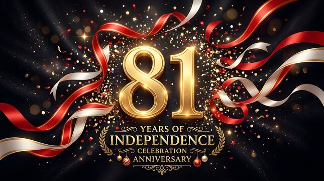 81 Years of Independence Anniversary Celebration Greeting Card with Golden Number 81 and Luxury Red White Ribbons on Black Silk Background with Glitter and Confetti