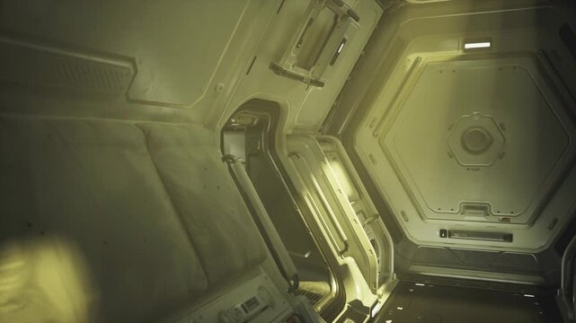 Dim yellowlit spacecraft hatch revealing metallic panels and narrow maintenance passage, flickering emergency light creates tense, claustrophobic atmosphere