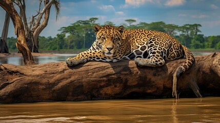 Obraz premium Leopard Lying Across a Weathered Log by a Sunlit Riverbank in Dense African Habitat