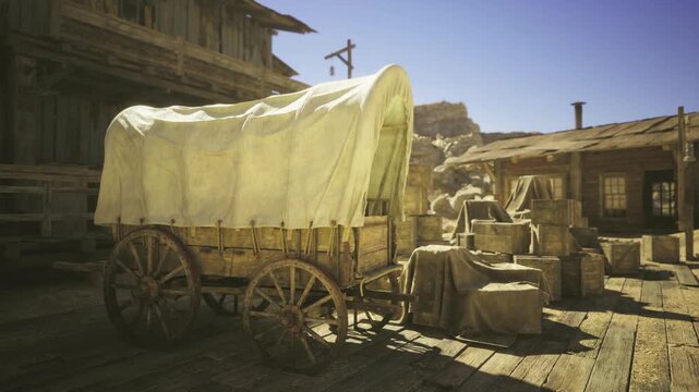 Covered wagon parked on dusty street, canvas drape weathered, wooden wheel casting long shadow, sunbleached facades, nearby water well, warm golden light
