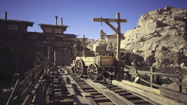 Rusty rail tracks leading to ore wagon on wooden ties loading crane above wheel assemblies and pulley sandstone cliffs in background industrial western setting