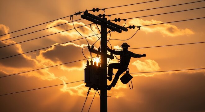 Lineman working on power lines at sunset