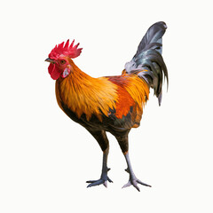 A rooster with orange and black feathers isolated on transparent background