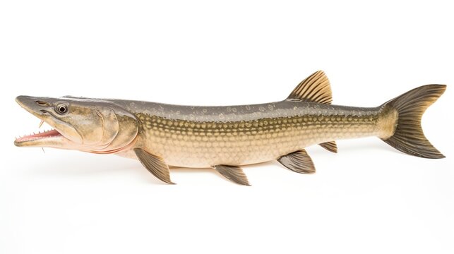 Long elongated freshwater predatory fish with sharp teeth and a duckbill snout