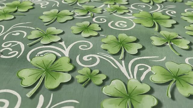 Vivid Green Shamrocks and Decorative White Swirls Abstract Pattern on Grey Background