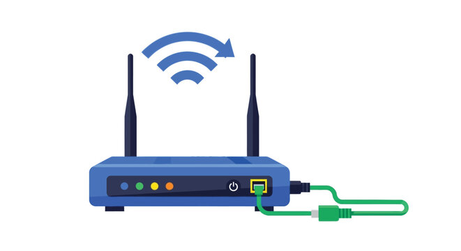 A blue WiFi router with antennas and a green Ethernet cable connected to it