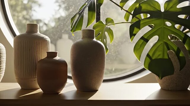 Warm sunlight casts long shadows across an indoor plant shelf by a circular window