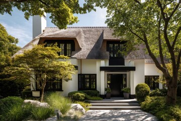Fototapeta premium House with thatched roof and garden in a sunny neighborhood in summer, showing well-kept plants and trees near the entrance