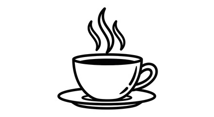 Fototapeta premium A steaming cup of coffee on a saucer with a simple black and white illustration isolated on white background