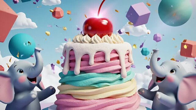 Whimsical pastel birthday party scene with two mice and a rainbow cake atop clouds