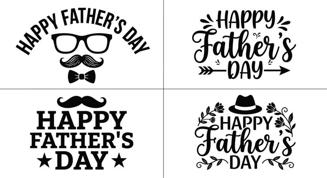 Four black happy fathers day typography designs with mustache and hat on white background