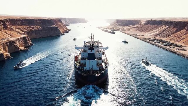 Aerial view of a large cargo ship being escorted by smaller boats through a narrow canal between desert cliffs