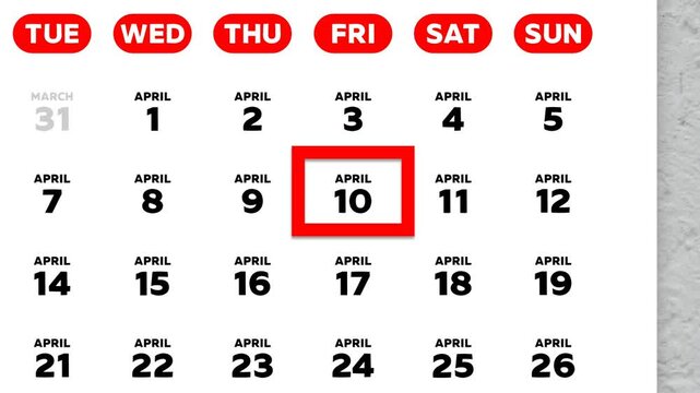 The date April 10th marked with a red cursor on the wall calendar 2026