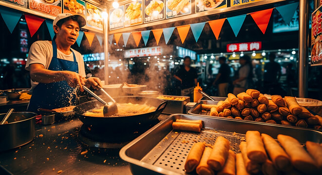 Asian street food vendor cooking spring rolls at night market stall