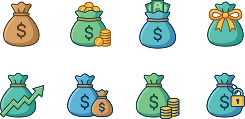 Obraz premium Money bag finance vector icon set with savings investment cash profit growth secure funds and financial wealth symbols