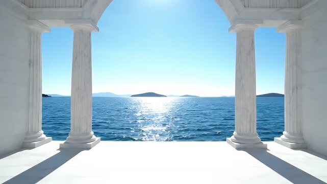 White Marble Colonnade Framing a Bright Sea View Through a Classical Archway