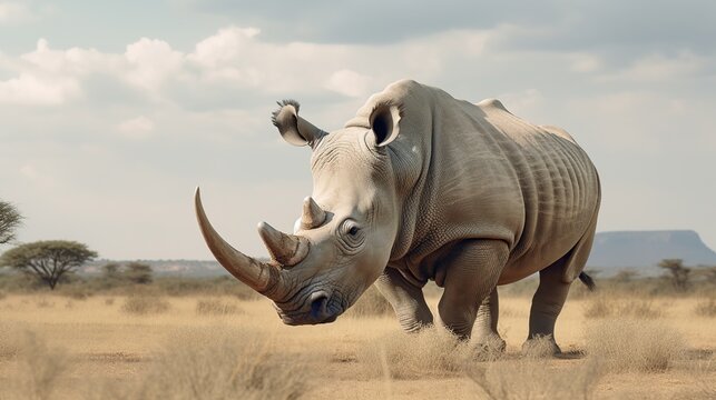 Majestic African White Rhino Roaming a Vast Savanna Under a Bright Sky