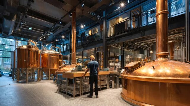 Male brewer in blue shirt observes large copper brewing kettles in modern brewery with industrial design, showcasing equipment and workspace in a well-lit environment