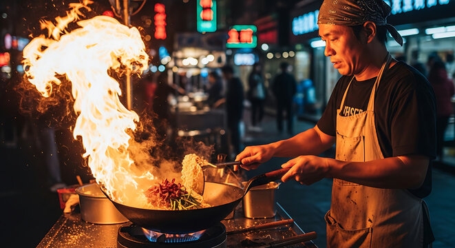 Chef cooking noodles with dramatic flames in a wok at a bustling night market