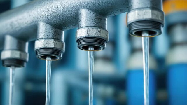 Water droplets flow from industrial metal pipe fittings in a sequence, showcasing the continuous movement of liquid in a mechanical setting with blurred background elements