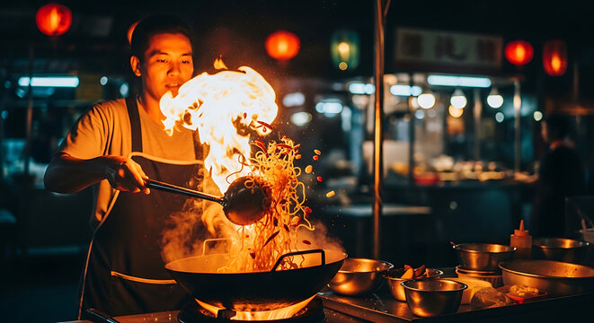 Chef cooking noodles with fire in a wok at a night market stall
