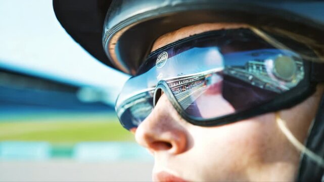 Female motorcyclist wearing helmet and goggles focuses on racetrack ahead, showcasing determination and concentration in a competitive racing environment