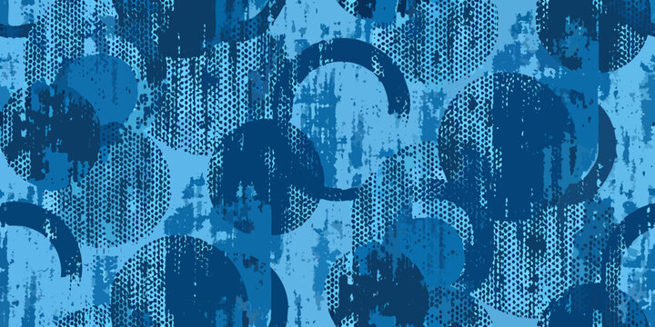 Abstract blue pattern featuring overlapping circles and textured brushstrokes