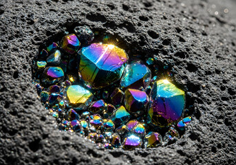Naklejka premium Close-up of crushed iridescent crystals embedded in dark porous rock, isolated on transparent background, displaying a spectrum of rainbow colors and dazzling light reflections.