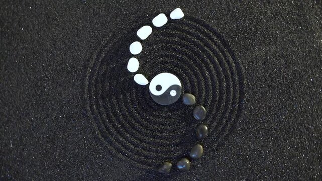 Japanischer ZEN Garten der Meditation und Entspannung f&uuml;r K&ouml;rper, Geist und Seele mit Sand und Yin Yang Steinen in Rotation
