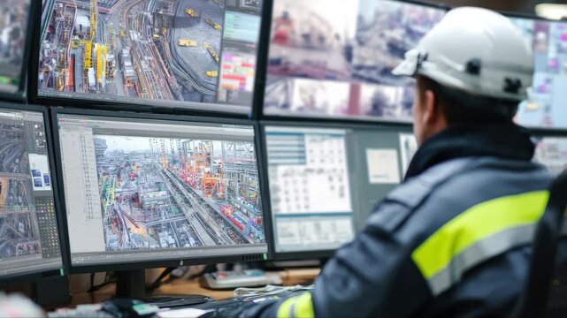 Male industrial worker monitors multiple screens displaying railway operations and logistics data in a control room, showcasing a busy urban environment with machinery and equipment