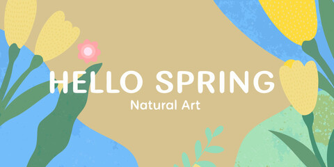 A cheerful hello spring greeting with stylized floral illustrations © Bithi
