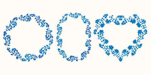 Obraz premium Three floral wreaths in blue circle oval and heart shapes